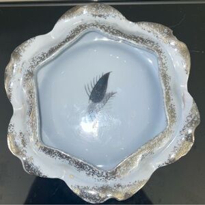 Japanese Feather Motif Porcelain Dish With Scalloped Edges And Silver-Toned Trim